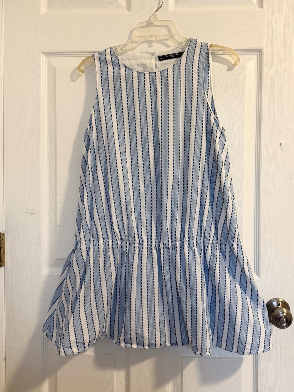Zara Blue and White Striped Sleeveless Peplum Dress